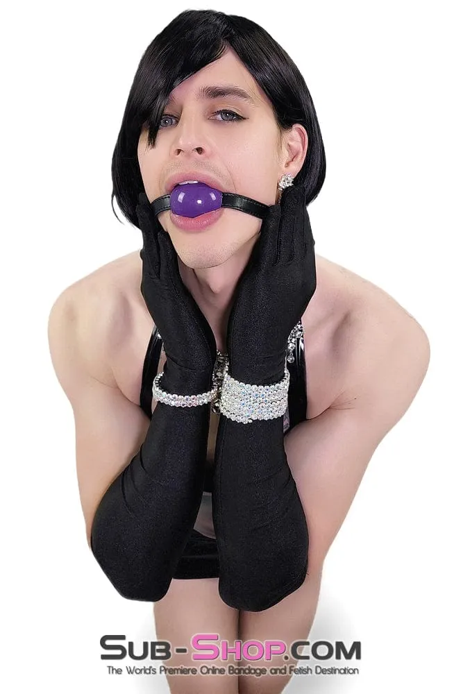 0833DL-SIS      Pretty Sissy Bitch Purple Rubber Ballgag on Feminization Black Strap