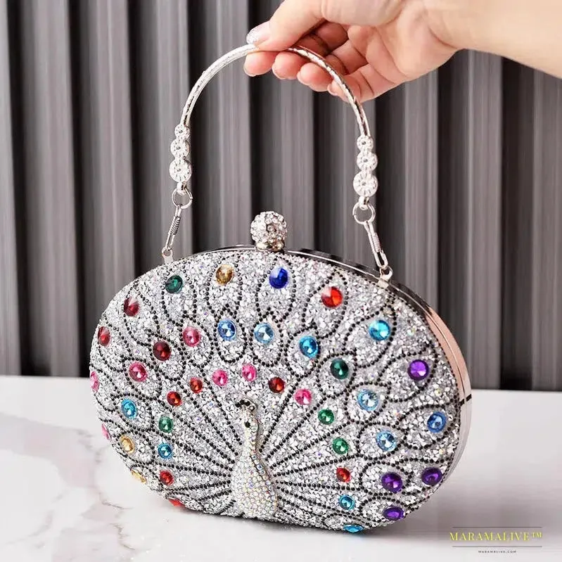 2024 Fashion Luxury Peacock Pattern Diamond Evening Bag - Unique Gothic Handbag with Rhinestone Shoulder Strap