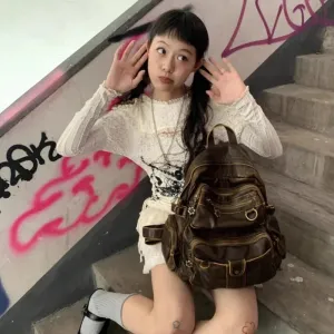 Amozae-Fall Outfits Streetwear y2k 90s Fashion Gothic  Vintage Y2k Womens Backpack Brown Original Casual Large Capacity Leather Men Travel Backpack Designer Fashion Female Bag