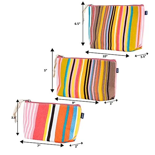 AQVA Pack of 3 Printed Cotton Canvas Pouch, Cosmetic Makeup Bag, Multi-Function Beach Travel Bag, Coin Purse, Pencil Holder, Large Capacity Toiletry Bags for Women & Men (Stripe)