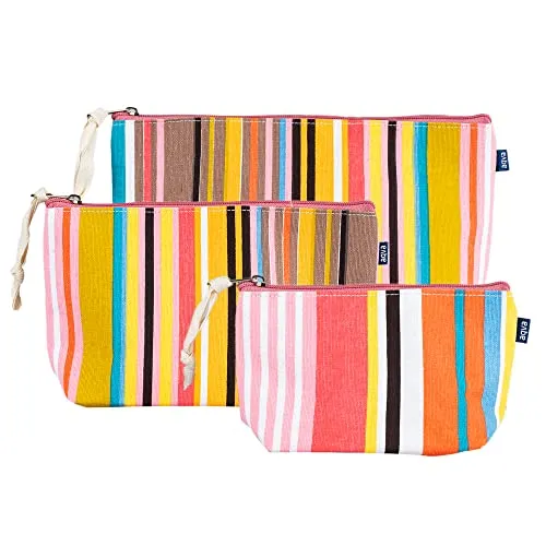 AQVA Pack of 3 Printed Cotton Canvas Pouch, Cosmetic Makeup Bag, Multi-Function Beach Travel Bag, Coin Purse, Pencil Holder, Large Capacity Toiletry Bags for Women & Men (Stripe)