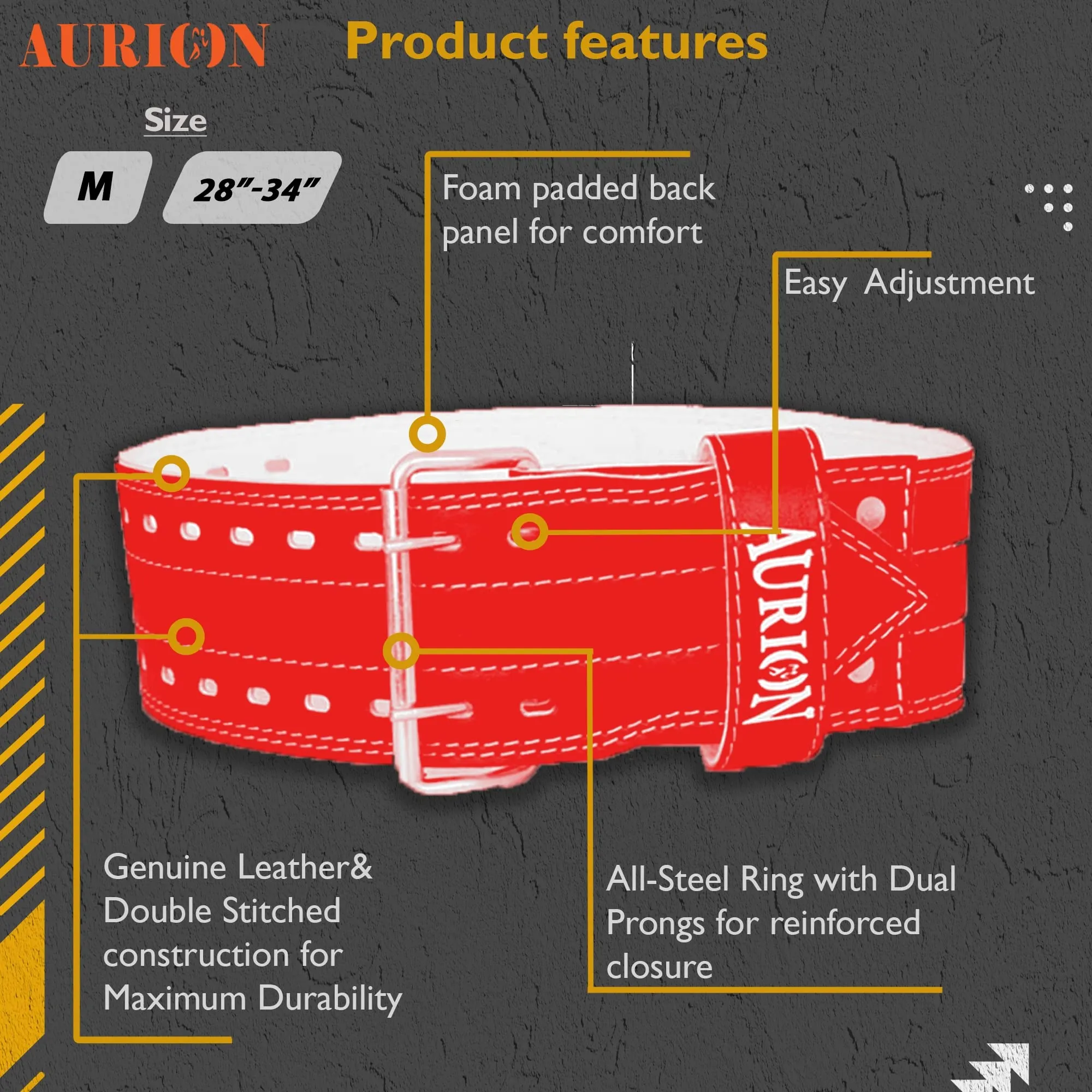 Aurion Comfort and Durable Leather Weightlifting Belt (Medium, Red, 1pc) For Men and Women | Weightlifting Belt for Fitness Training | Power Lifting for Men and Women | Back Support for Heavy Lifting