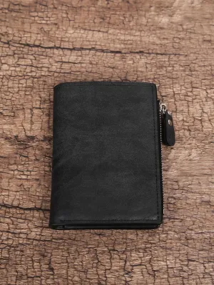 Black Simple Short Wallet With Multiple Card Slots And Side Zipper