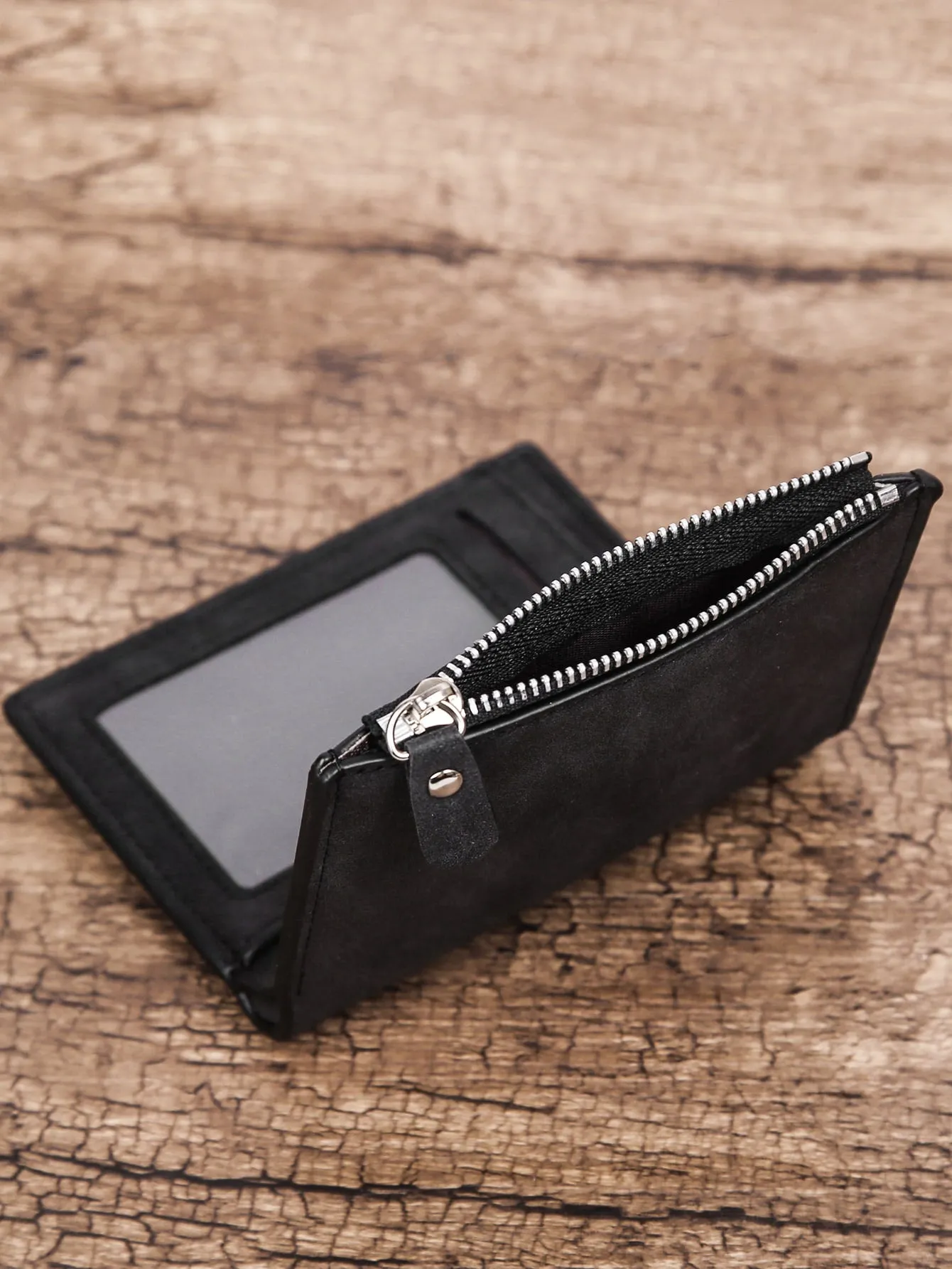 Black Simple Short Wallet With Multiple Card Slots And Side Zipper