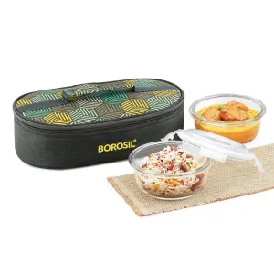 Borosil Food Luck Glass Lunch Box Set of 2, 400ml, Horizontal, Olive, Microwave Safe Office Tiffin