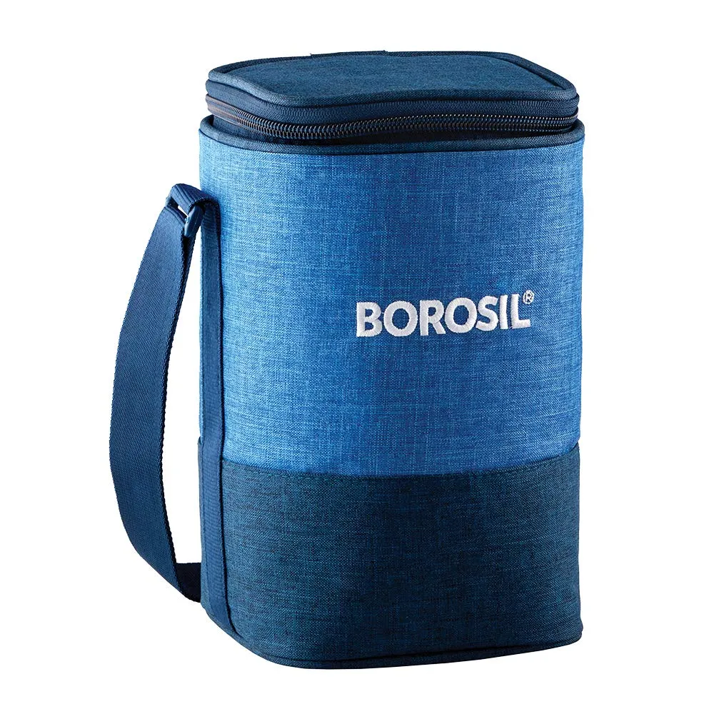 Borosil - Prime Borosilicate Glass Lunch Box Set of 3, 320 ml, Square, Microwave Safe Office Tiffin, Blue, Transparent