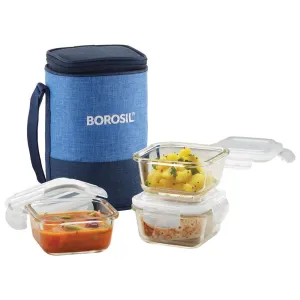 Borosil - Prime Borosilicate Glass Lunch Box Set of 3, 320 ml, Square, Microwave Safe Office Tiffin, Blue, Transparent