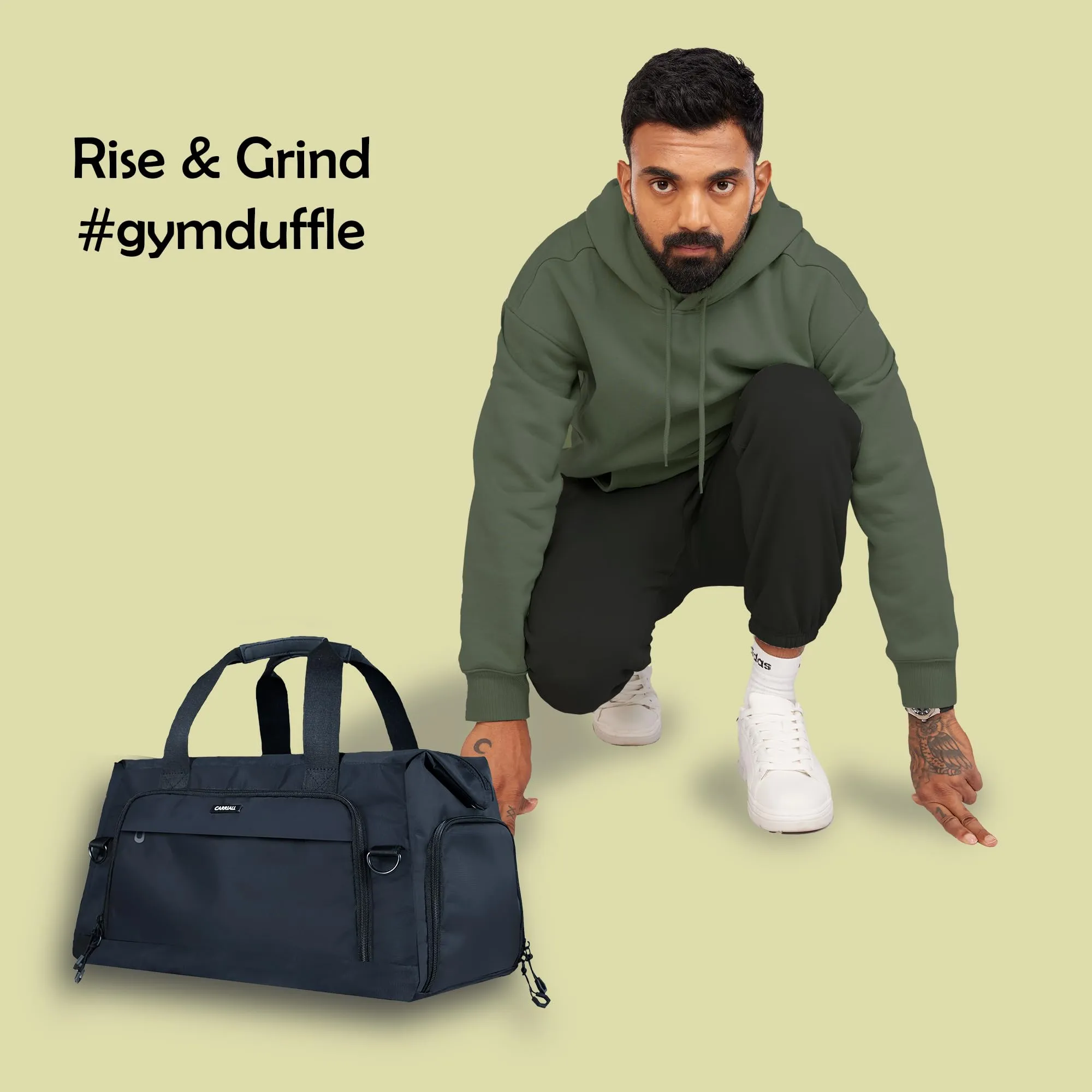 Carriall Gym Duffle Bag 23 litres (Black) | Durable Polyester Fabric & Premium Vegan Leather Detailing |for Gym, Outdoor Workouts & Travel | Duffle Gym Bag for Men & Women