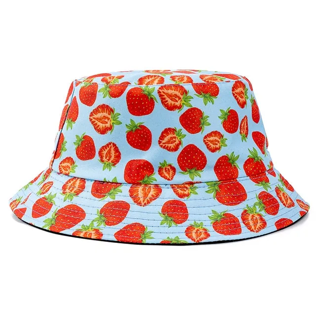 Double-sided Wear Fruit Printing Women Cap Outdoor Sun Hat Bucket Hat