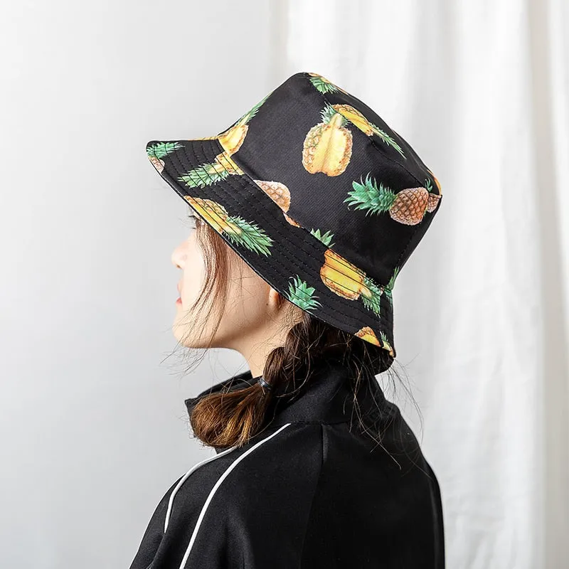 Double-sided Wear Fruit Printing Women Cap Outdoor Sun Hat Bucket Hat