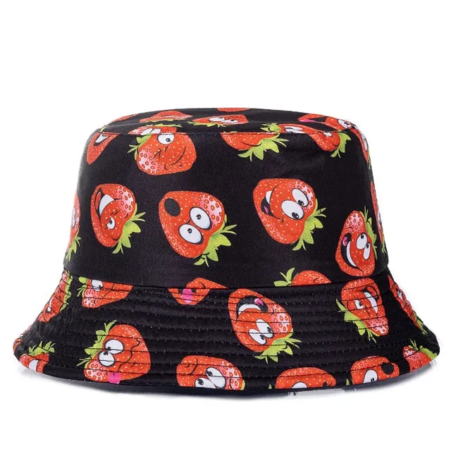 Double-sided Wear Fruit Printing Women Cap Outdoor Sun Hat Bucket Hat