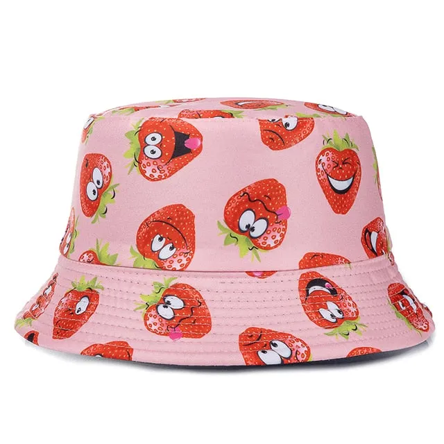 Double-sided Wear Fruit Printing Women Cap Outdoor Sun Hat Bucket Hat