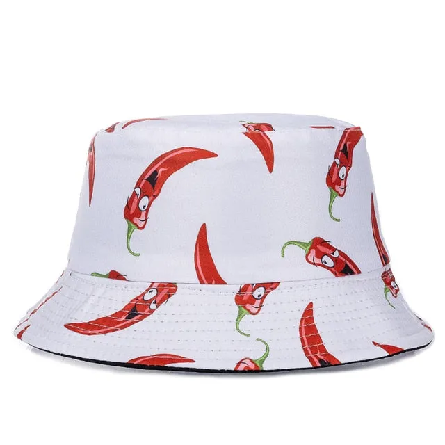 Double-sided Wear Fruit Printing Women Cap Outdoor Sun Hat Bucket Hat