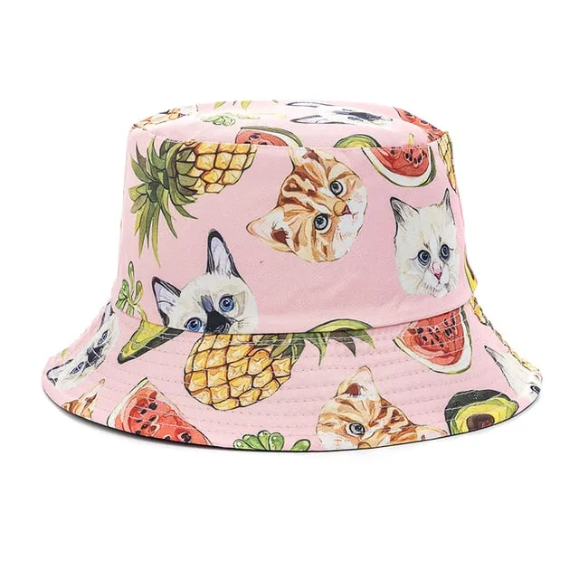 Double-sided Wear Fruit Printing Women Cap Outdoor Sun Hat Bucket Hat