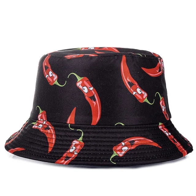 Double-sided Wear Fruit Printing Women Cap Outdoor Sun Hat Bucket Hat