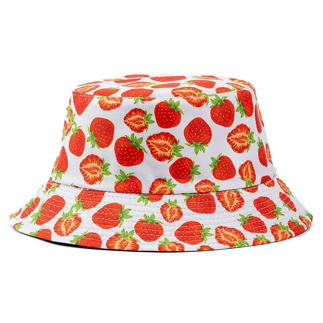 Double-sided Wear Fruit Printing Women Cap Outdoor Sun Hat Bucket Hat