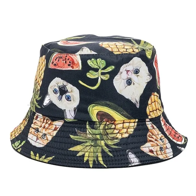 Double-sided Wear Fruit Printing Women Cap Outdoor Sun Hat Bucket Hat