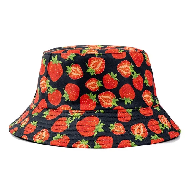 Double-sided Wear Fruit Printing Women Cap Outdoor Sun Hat Bucket Hat