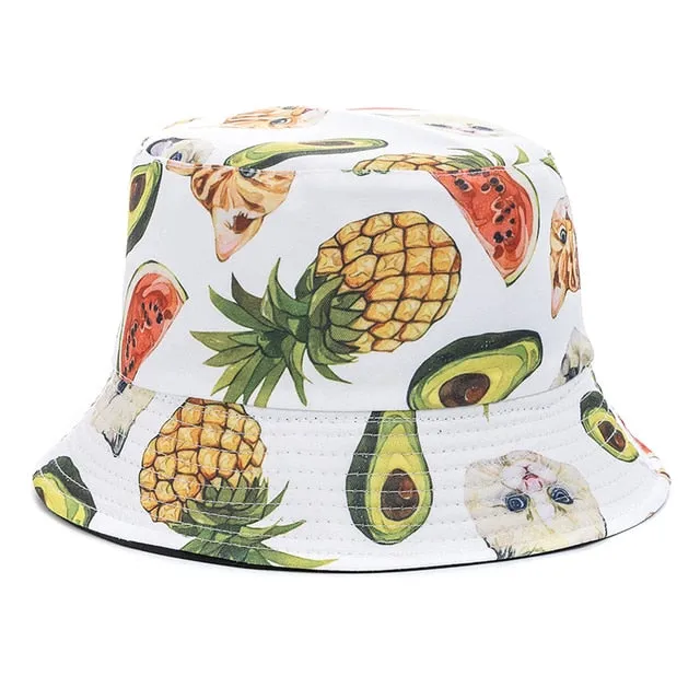 Double-sided Wear Fruit Printing Women Cap Outdoor Sun Hat Bucket Hat