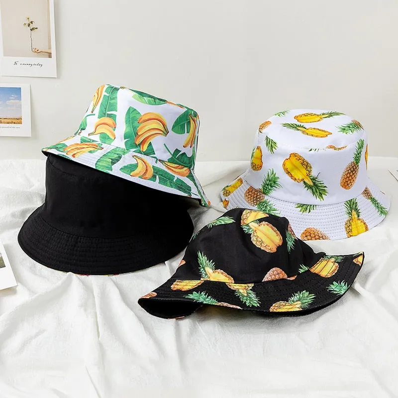 Double-sided Wear Fruit Printing Women Cap Outdoor Sun Hat Bucket Hat