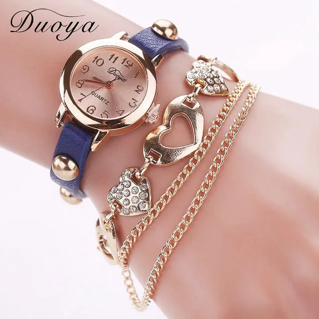 Duoya Brand Fashion Watches Women Luxury Rose Gold Heart Leather Wristwatches Ladies Dress Bracelet Chain Quartz Watch Clock New