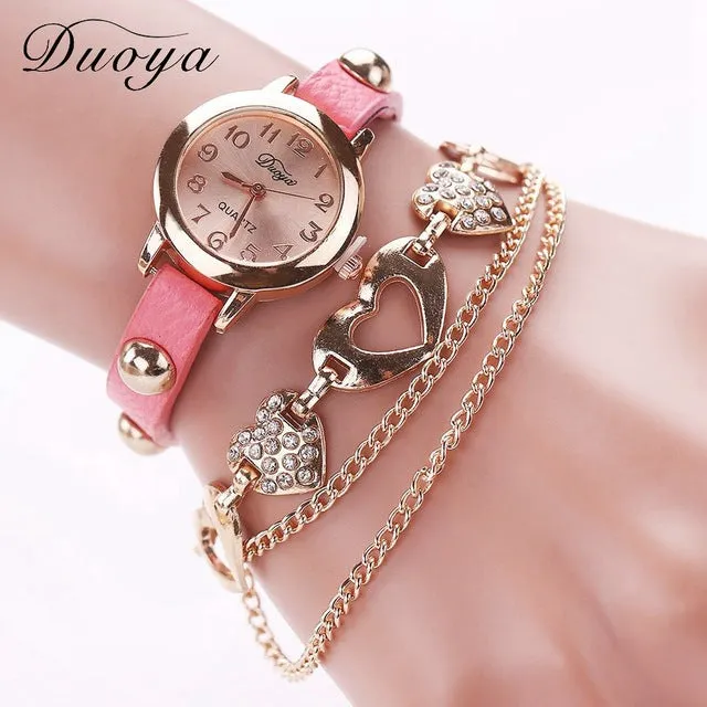 Duoya Brand Fashion Watches Women Luxury Rose Gold Heart Leather Wristwatches Ladies Dress Bracelet Chain Quartz Watch Clock New