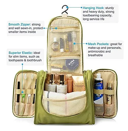 ERHETUS Multifunctional Extra Large Cosmetic Bag for Travel | Makeup Organiser for Accessories for Women | Waterproof Household Grooming Kit Storage Bags with Hook for Hanging for Men - Green