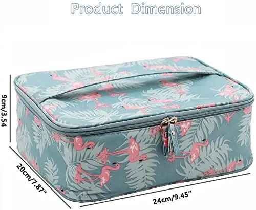 FLYMUG Watrproof Nylon 16 Cms Makeup Beauty Cosmetic Storage Organizer Bag Pouch for Women, Men Toiletry Case with Adjustable Partition, Handle-Blue Flamingo