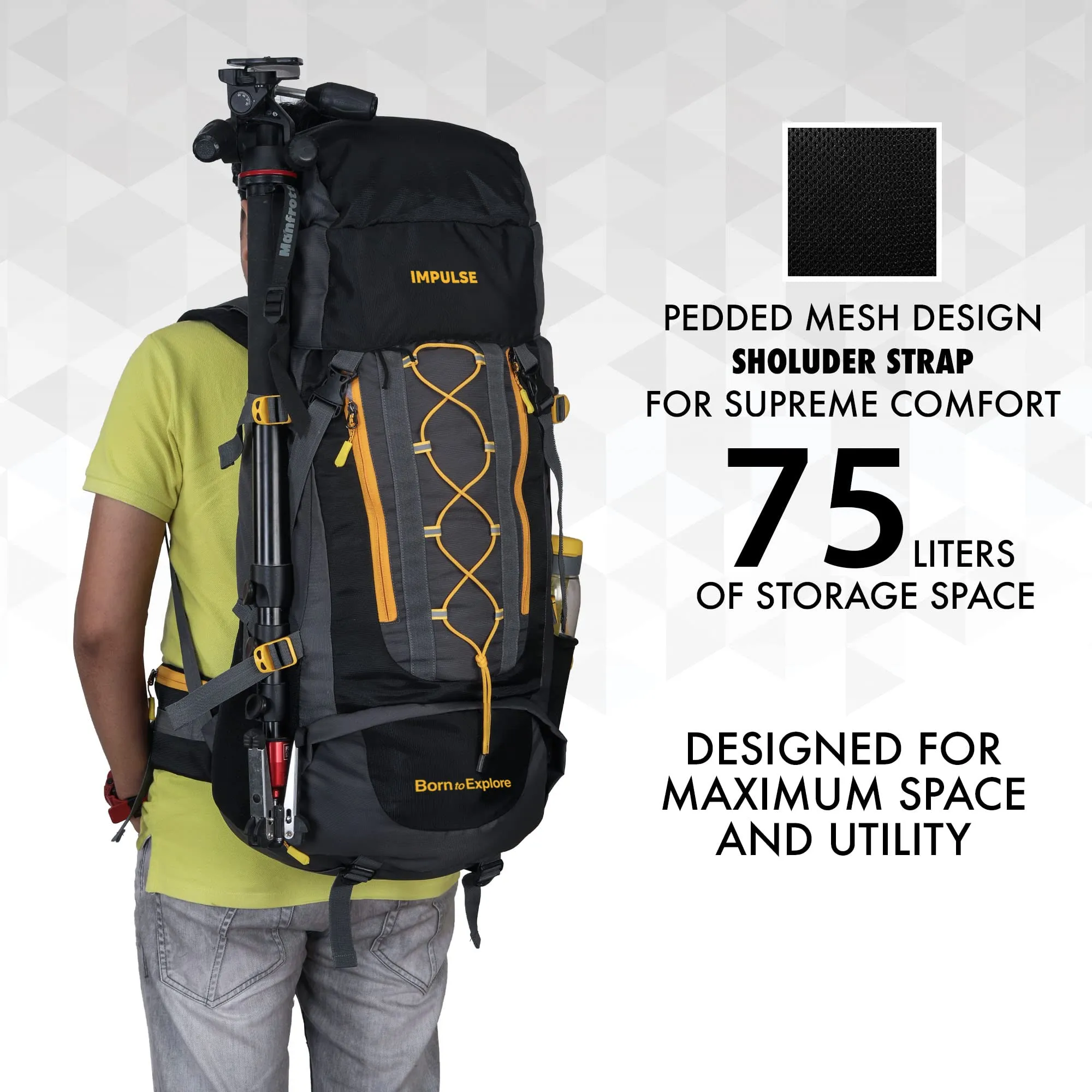 Impulse Rucksack bags 75 litres travel bag for men tourist bag for travel backpack for hiking trekking Bag for men camping Loops Black with 1 year Warranty