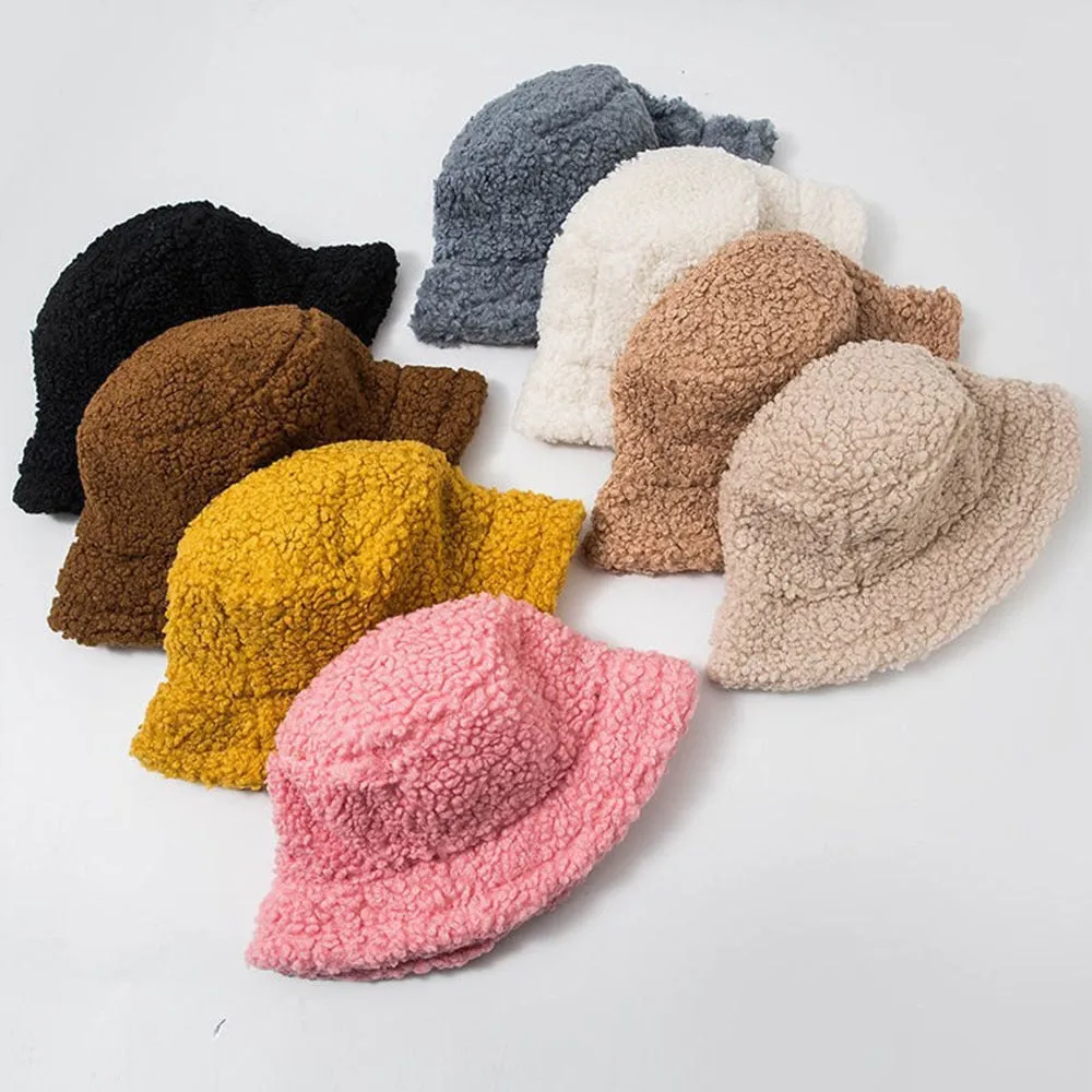 Lamb Wool Faux Fur Warm Winter Borg Winter Bucket Hats For Women