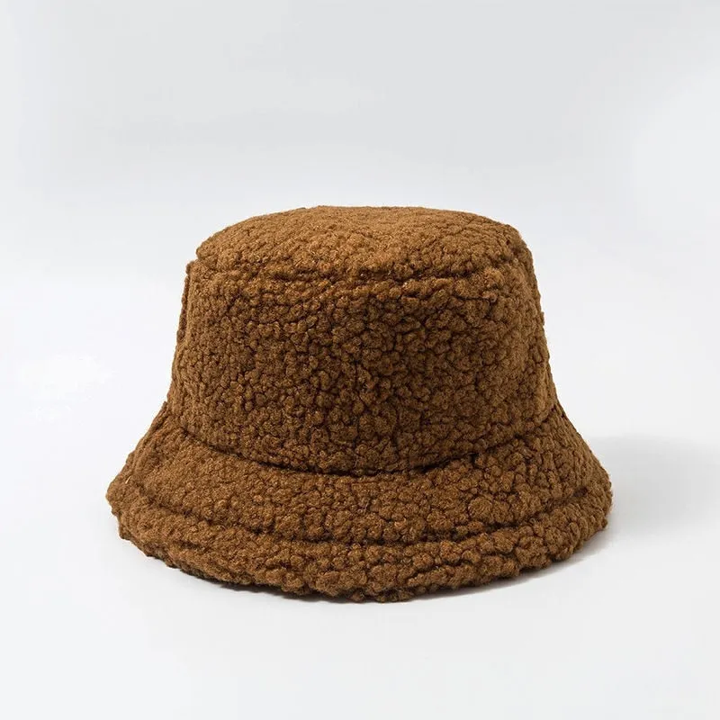 Lamb Wool Faux Fur Warm Winter Borg Winter Bucket Hats For Women