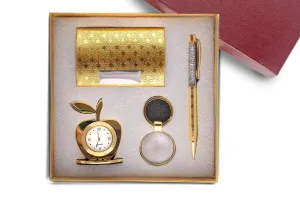 Lavanaya Silver 4 In 1 Gift Set With Table Clock, Metal Keychain, Card Holder And Crystal Pen Set For Corporate Gifting Diwali Gifting - Analog