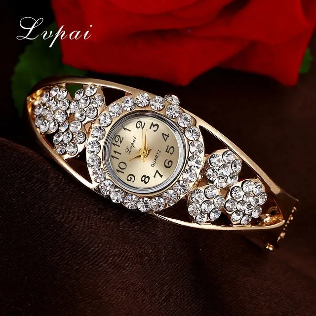 Lvpai Fashion Gold Watches Bracelet Watch Women Flower Gemstone Classic Alloy Wristwatch Women Dress Watches New Quartz Watch