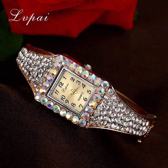 Lvpai Fashion Gold Watches Bracelet Watch Women Flower Gemstone Classic Alloy Wristwatch Women Dress Watches New Quartz Watch