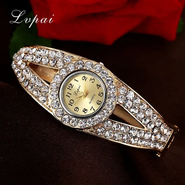 Lvpai Fashion Gold Watches Bracelet Watch Women Flower Gemstone Classic Alloy Wristwatch Women Dress Watches New Quartz Watch