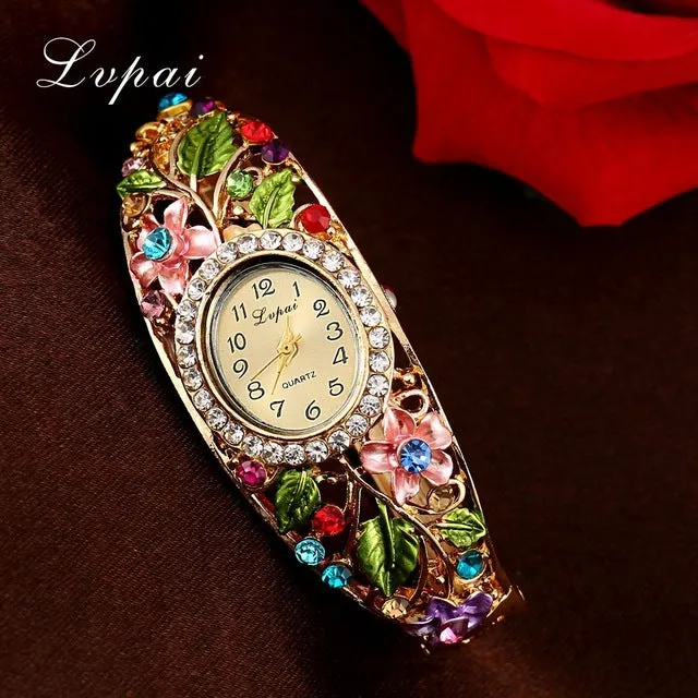 Lvpai Fashion Gold Watches Bracelet Watch Women Flower Gemstone Classic Alloy Wristwatch Women Dress Watches New Quartz Watch