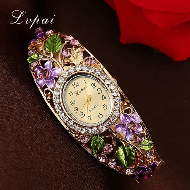 Lvpai Fashion Gold Watches Bracelet Watch Women Flower Gemstone Classic Alloy Wristwatch Women Dress Watches New Quartz Watch