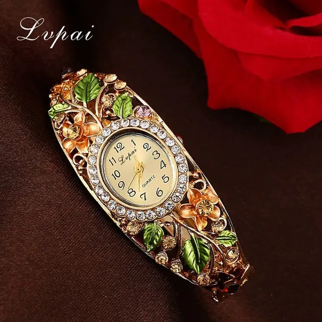 Lvpai Fashion Gold Watches Bracelet Watch Women Flower Gemstone Classic Alloy Wristwatch Women Dress Watches New Quartz Watch