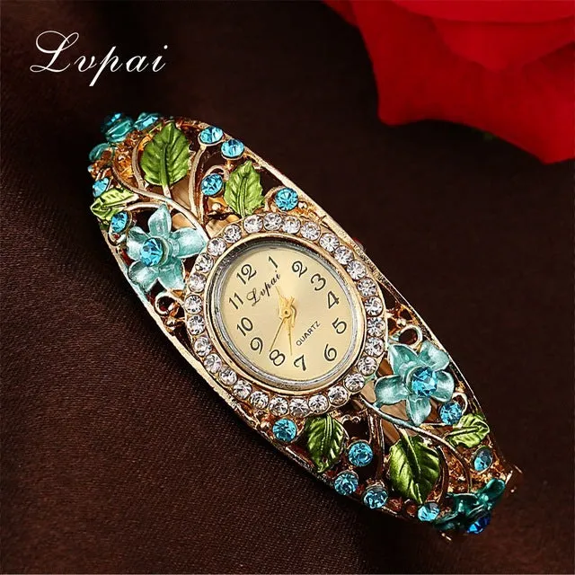 Lvpai Fashion Gold Watches Bracelet Watch Women Flower Gemstone Classic Alloy Wristwatch Women Dress Watches New Quartz Watch