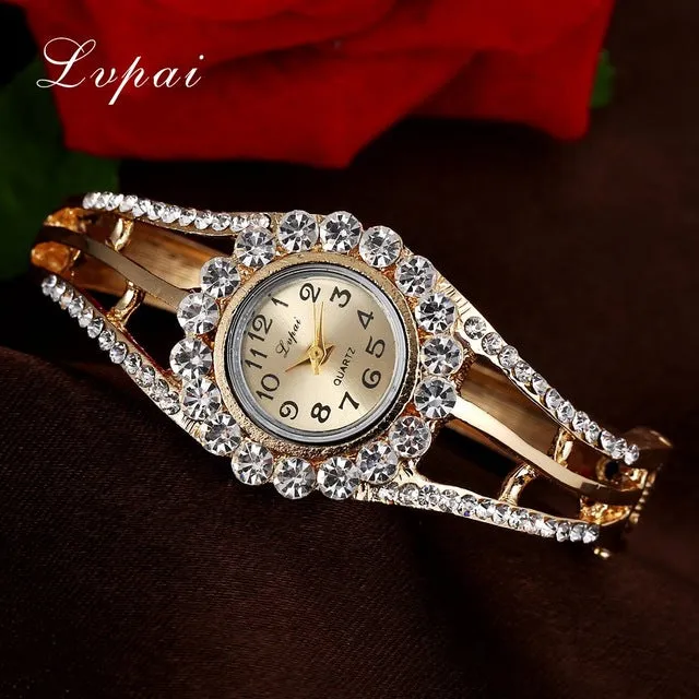 Lvpai Fashion Gold Watches Bracelet Watch Women Flower Gemstone Classic Alloy Wristwatch Women Dress Watches New Quartz Watch