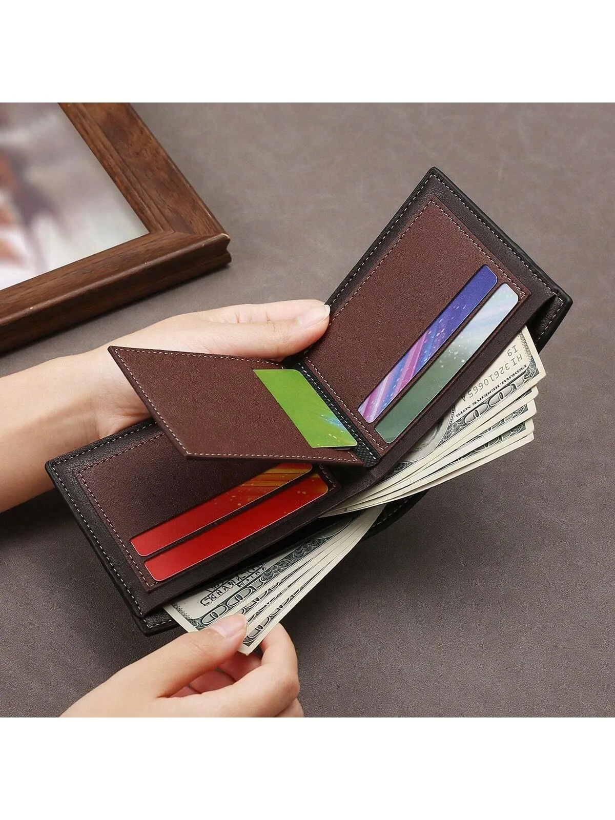 Men's Retro Fashion Color Block Short Wallet, Horizontal Large Capacity Card & Id Holder, Gift For Men