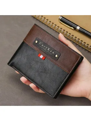 Men's Retro Fashion Color Block Short Wallet, Horizontal Large Capacity Card & Id Holder, Gift For Men