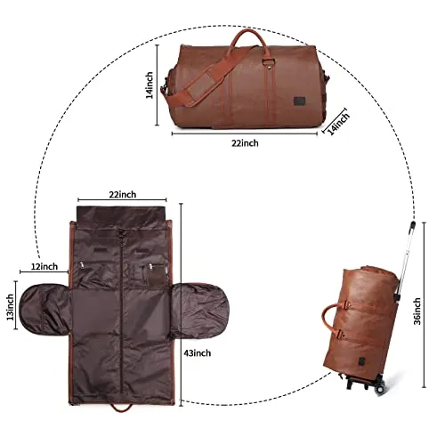 Rolling Garment Bag, Roller Duffle Bag with Wheels Rolling Garment Bags for Travel 3 in 1 Garment Bag Carry On Bag Weekender Bags Garment Duffel Bag for Men or Women-Brown