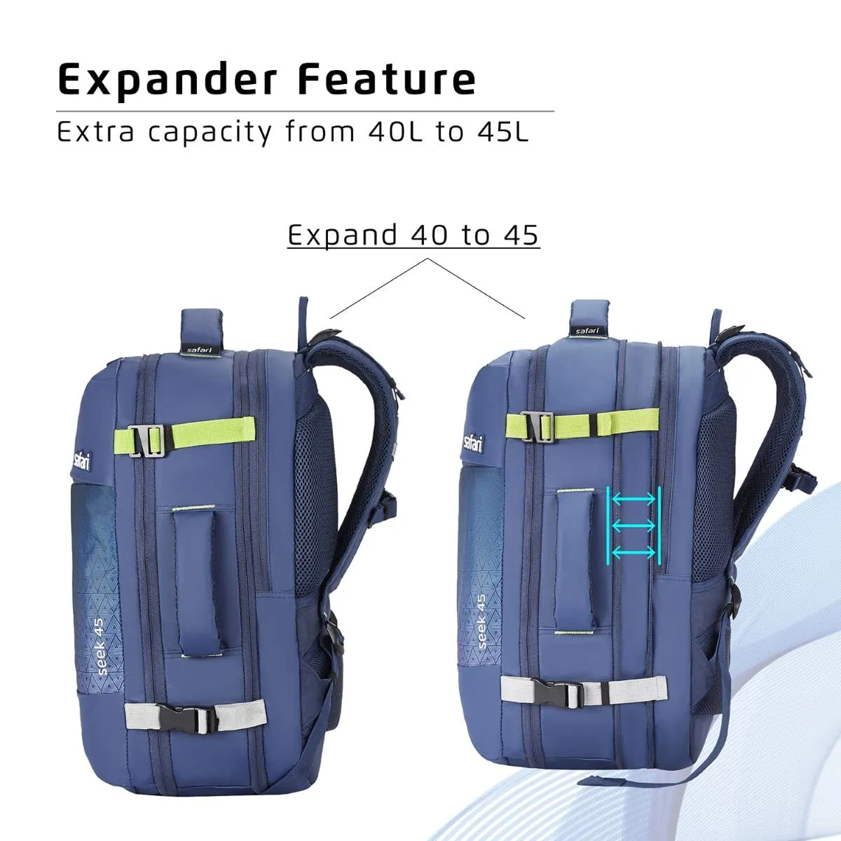 Safari Seek 45 Ltrs Expandable and Water Resistant Overnighter Travel Laptop Backpack with RainCover- Ideal for Travelling and Camping, Business & Travel- Blue