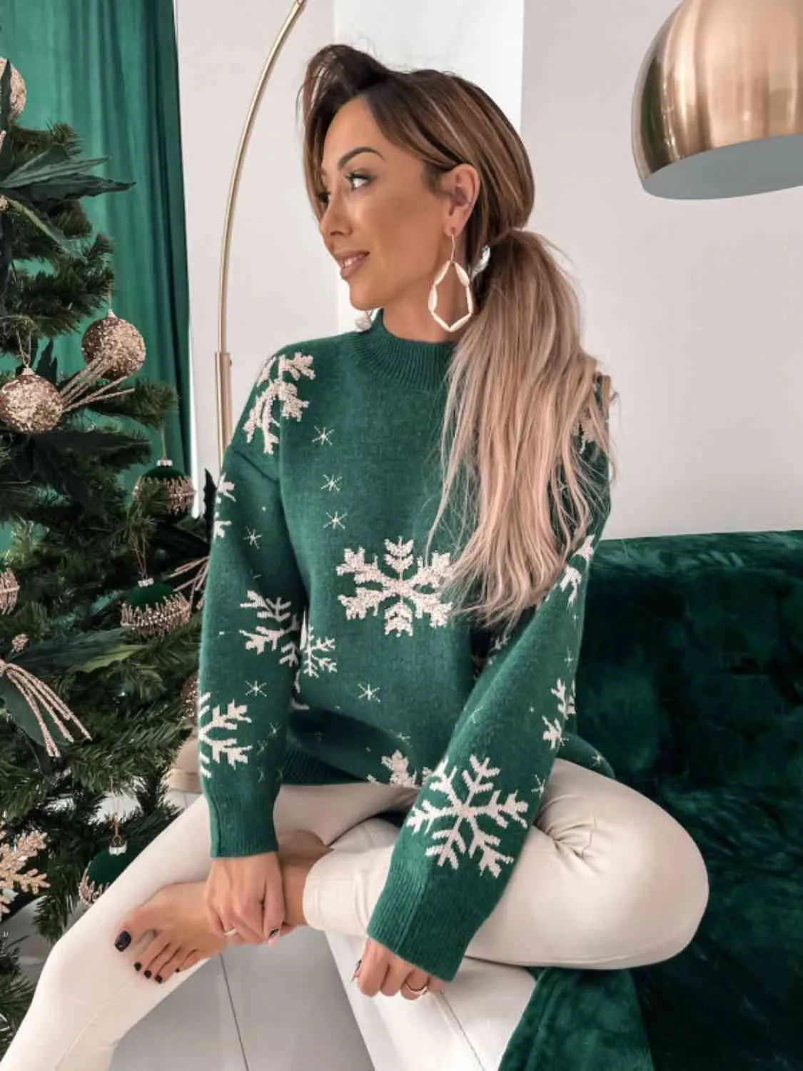 Snowflake Pattern Mock Neck Sweater