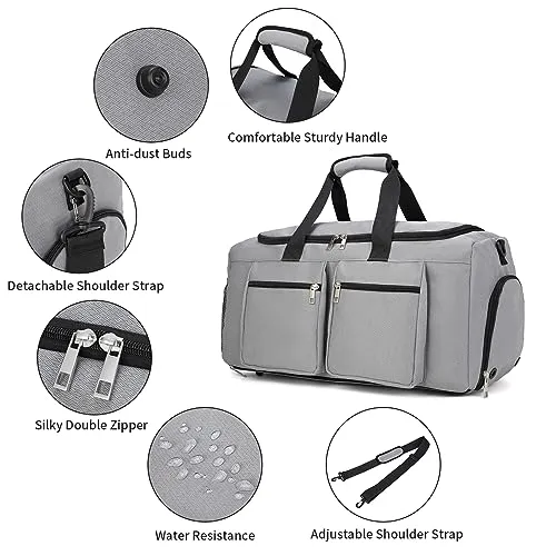 Sports Gym Bag, Weekender Bags for Men Women, Travel Duffel Bag with Wet Pocket Large Overnight Bag with Shoe Compartment Carry On Gym Duffle Bag Sports Bag-Grey