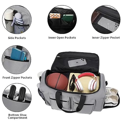 Sports Gym Bag, Weekender Bags for Men Women, Travel Duffel Bag with Wet Pocket Large Overnight Bag with Shoe Compartment Carry On Gym Duffle Bag Sports Bag-Grey