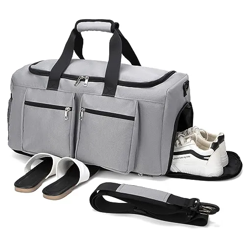 Sports Gym Bag, Weekender Bags for Men Women, Travel Duffel Bag with Wet Pocket Large Overnight Bag with Shoe Compartment Carry On Gym Duffle Bag Sports Bag-Grey