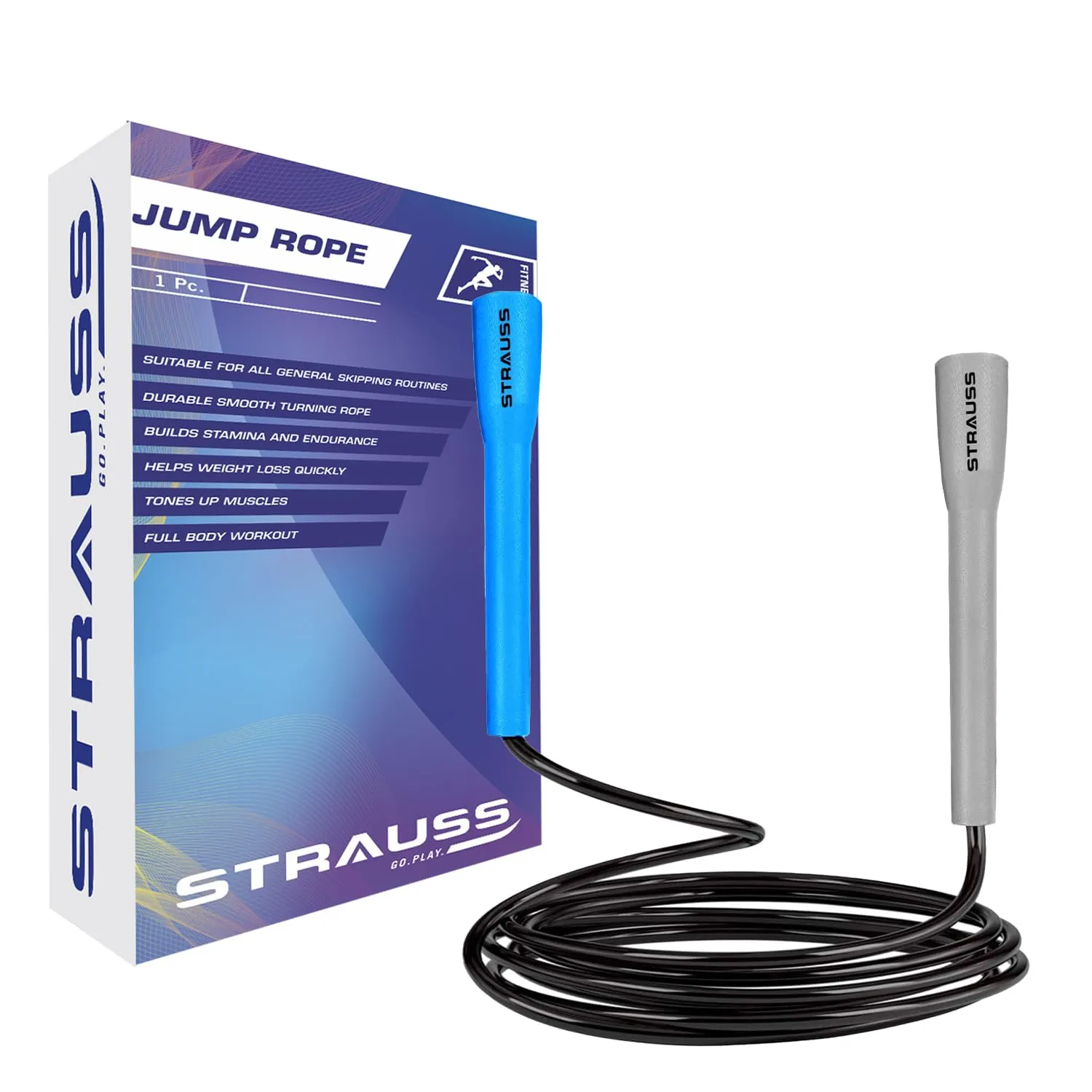 Strauss Skipping Rope | Skipping rope for Women, Men & Kids | Fitness Exercise Equipment | Jumping Rope for Gym, Exercise, Training, Workout & Weight Loss|, (Grey/Blue)