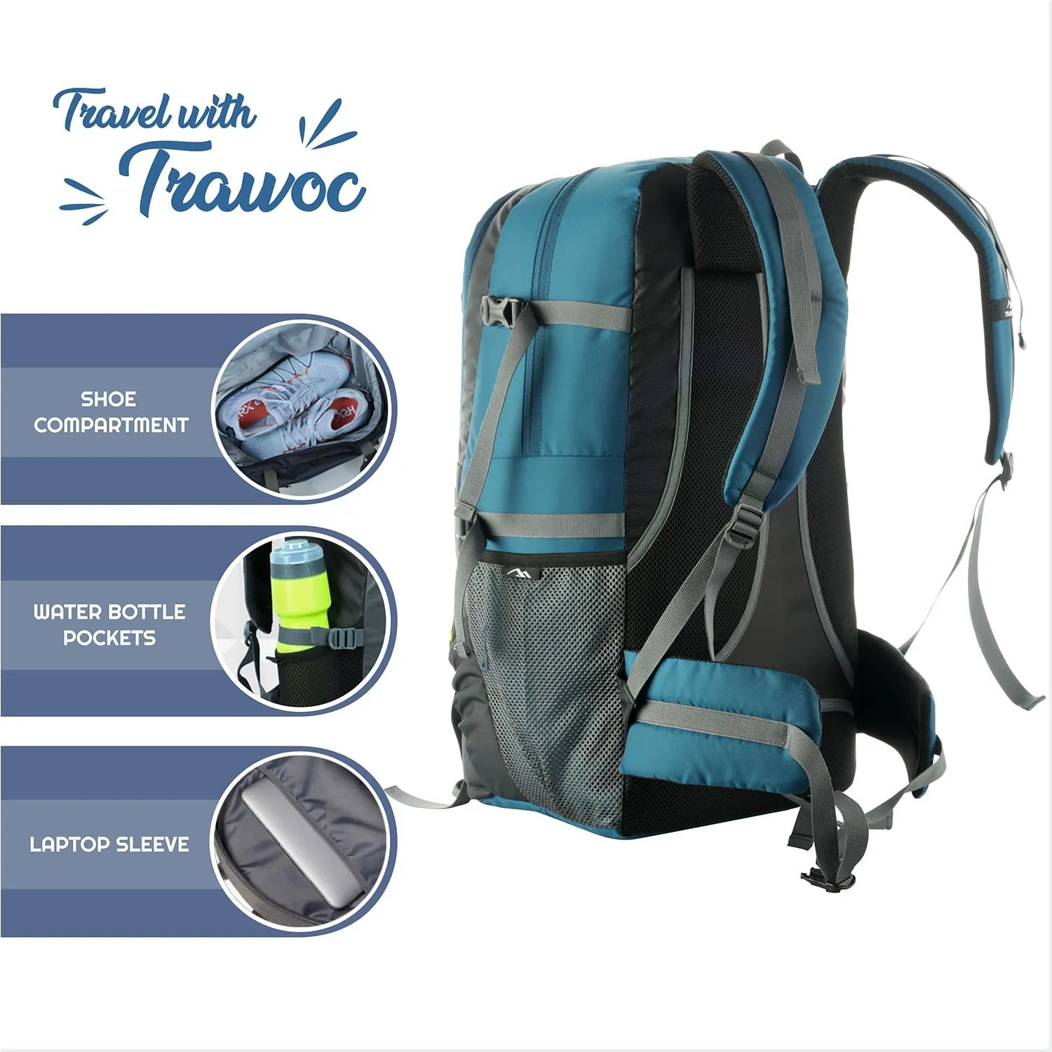 TRAWOC 55 Liter Travel Backpack Daypack Bag for Camping Hiking Trekking Bag for Men & Women, English Blue, SHK014, 3 Year Warranty